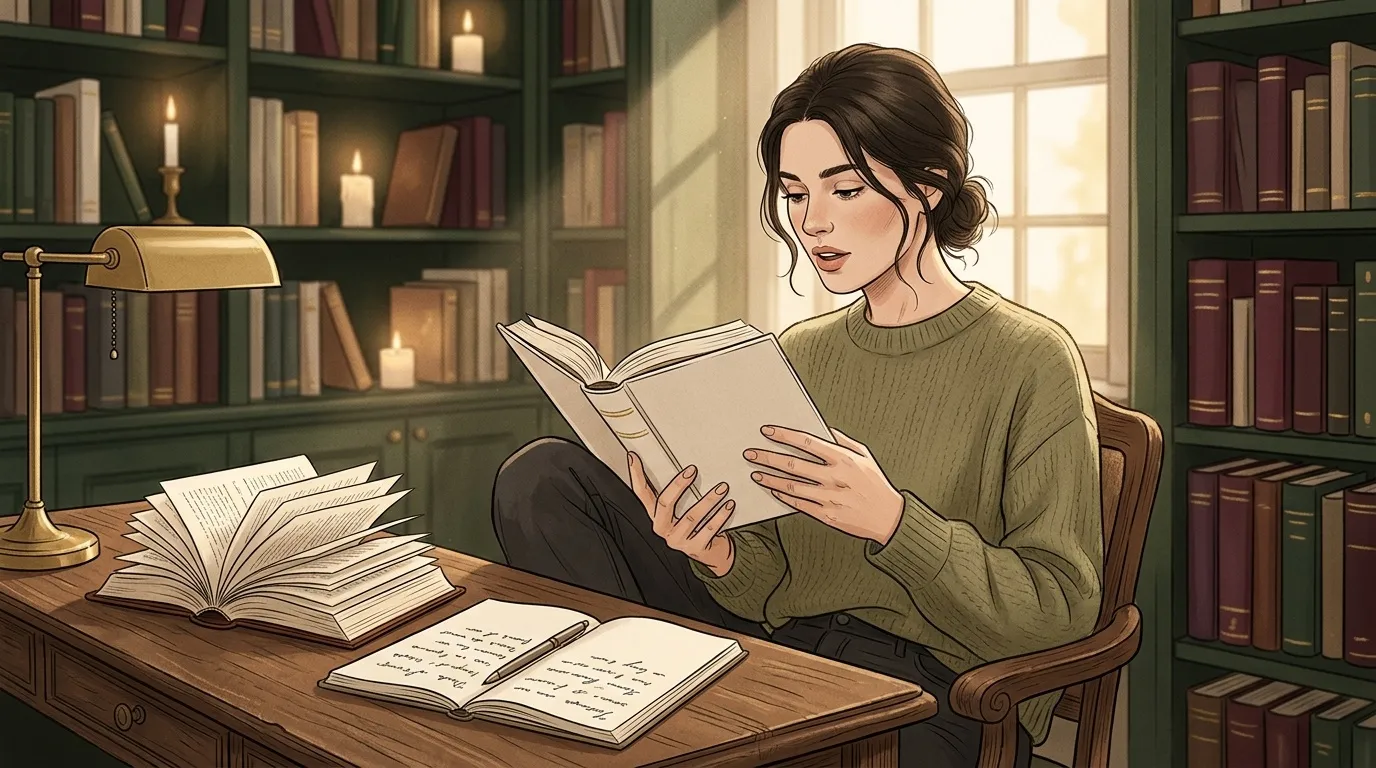 Femme lisant un livre dans une biblioth&egrave;que tranquille