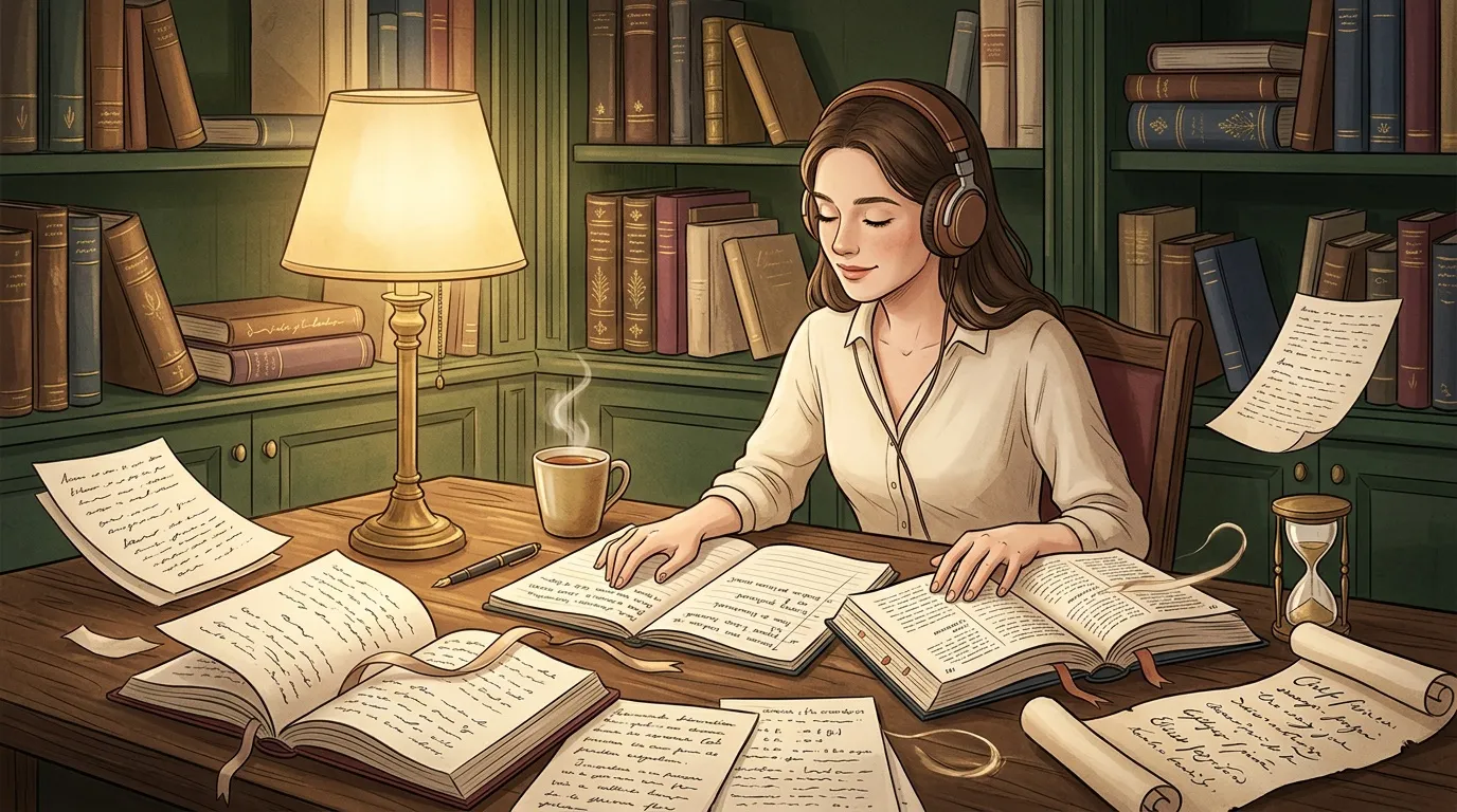 Femme avec casque lisant des manuscrits anciens à son bureau