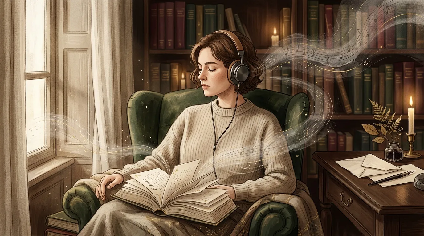 Femme écoutant de la musique en lisant un livre