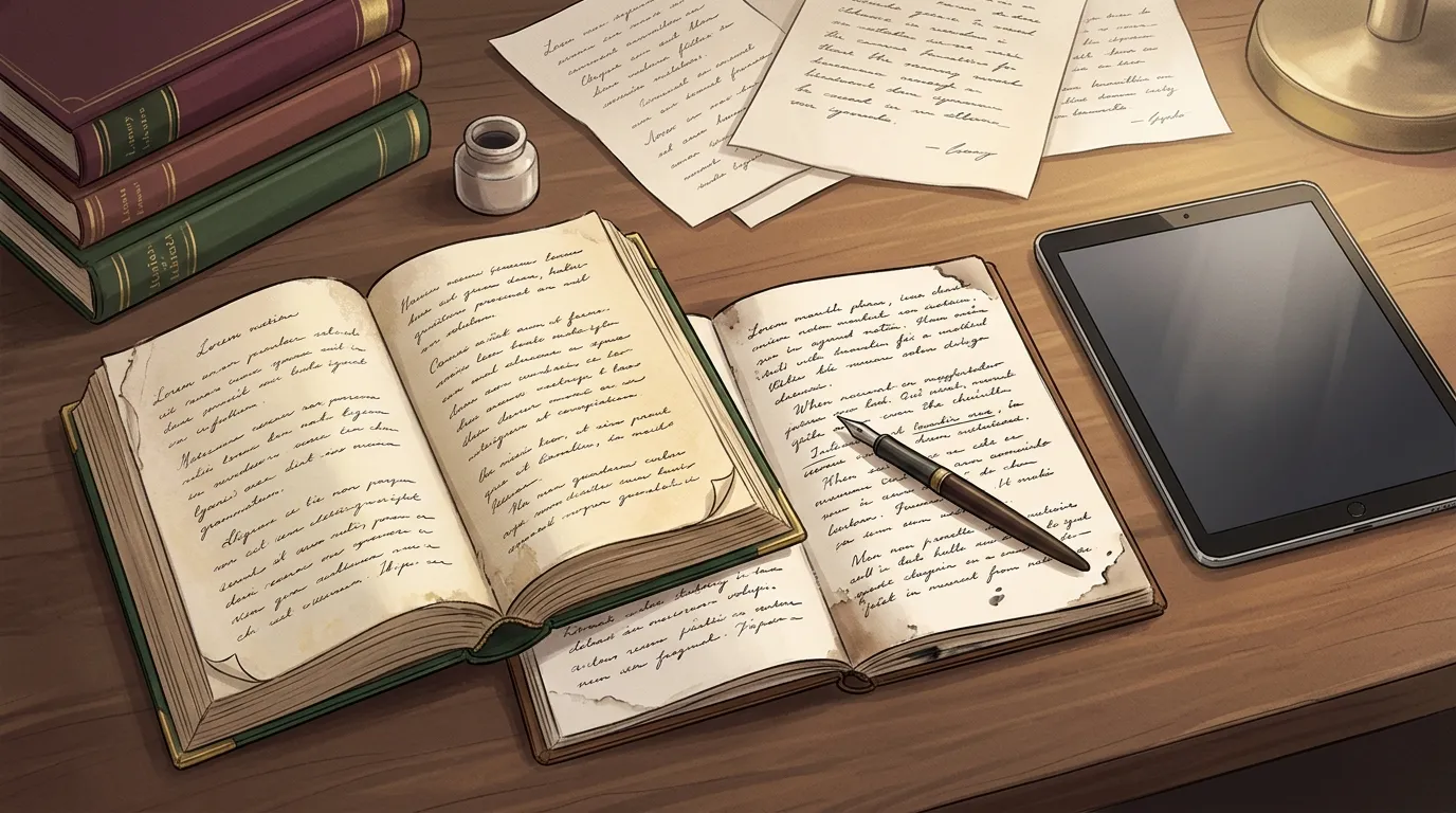 Livres, journaux manuscrits, plume et tablette sur bureau bois
