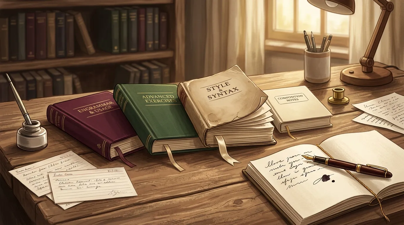 Bureau d'étude avec livres, manuscrits et lampe de travail