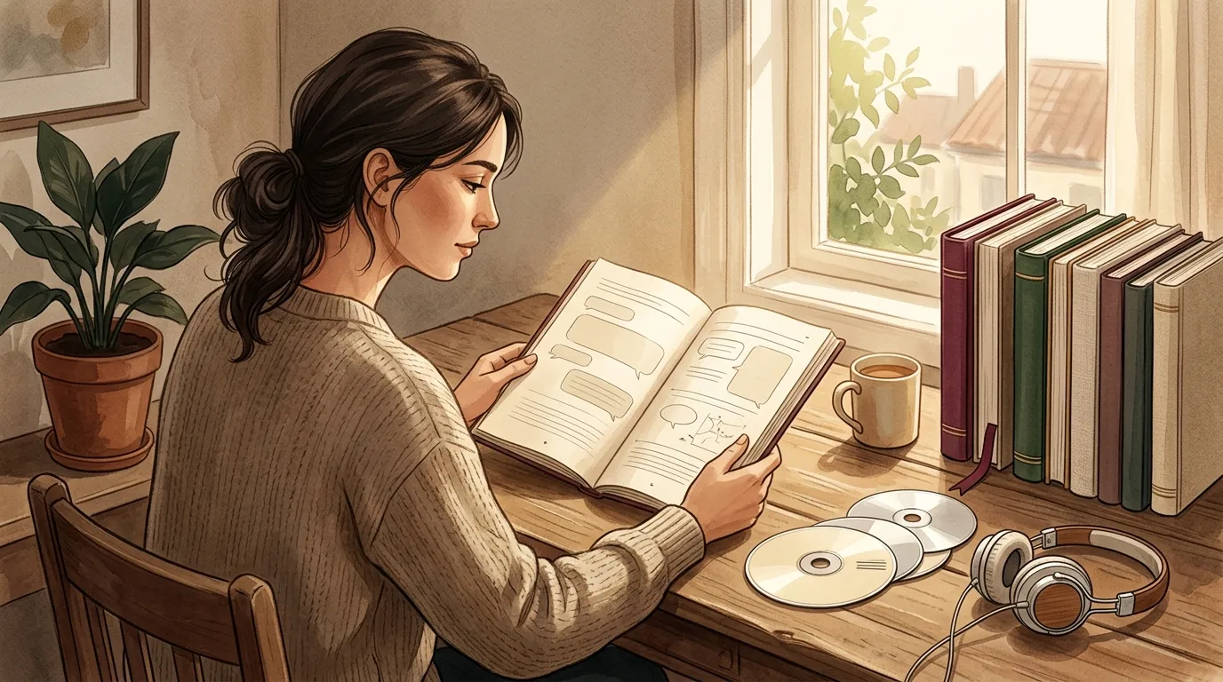 Femme lisant un livre à son bureau avec écouteurs et CDs