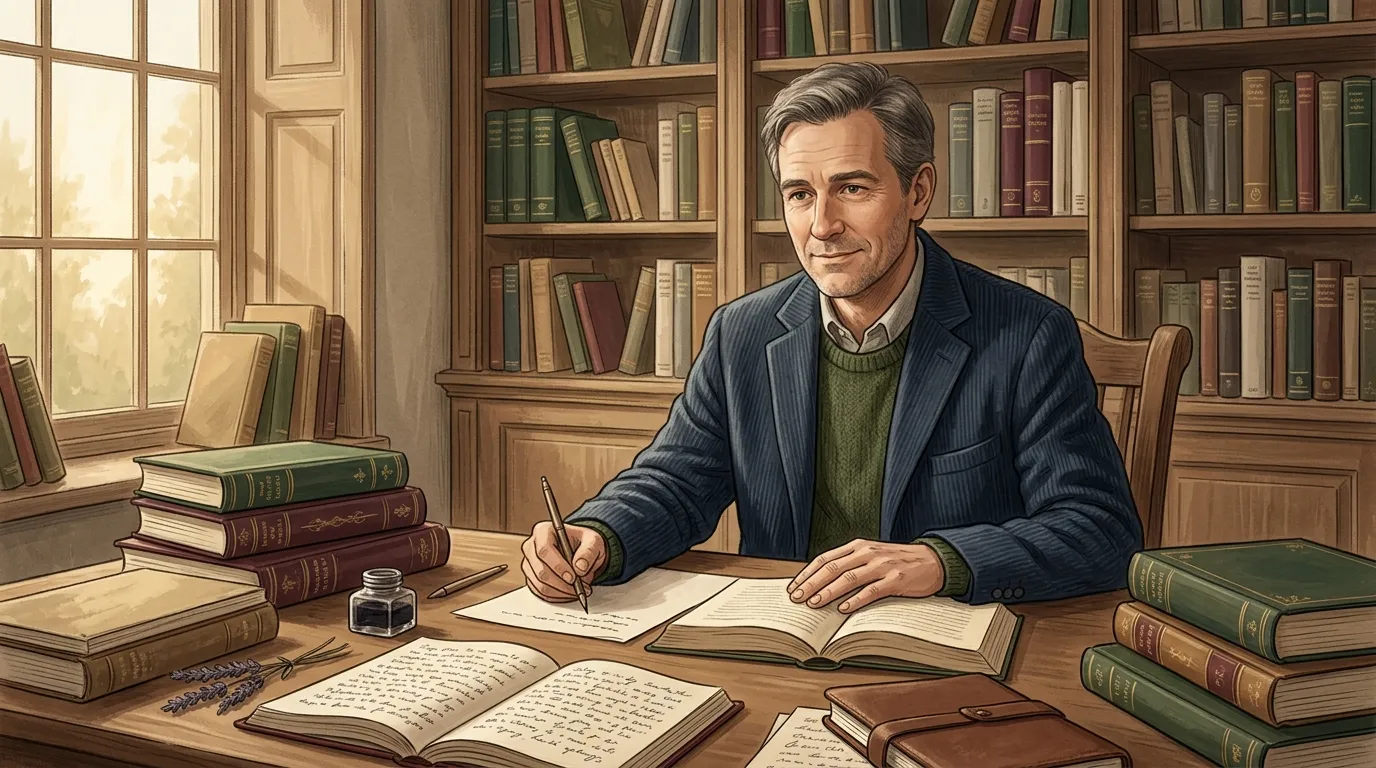 Homme écrivant à son bureau entouré de livres anciens.