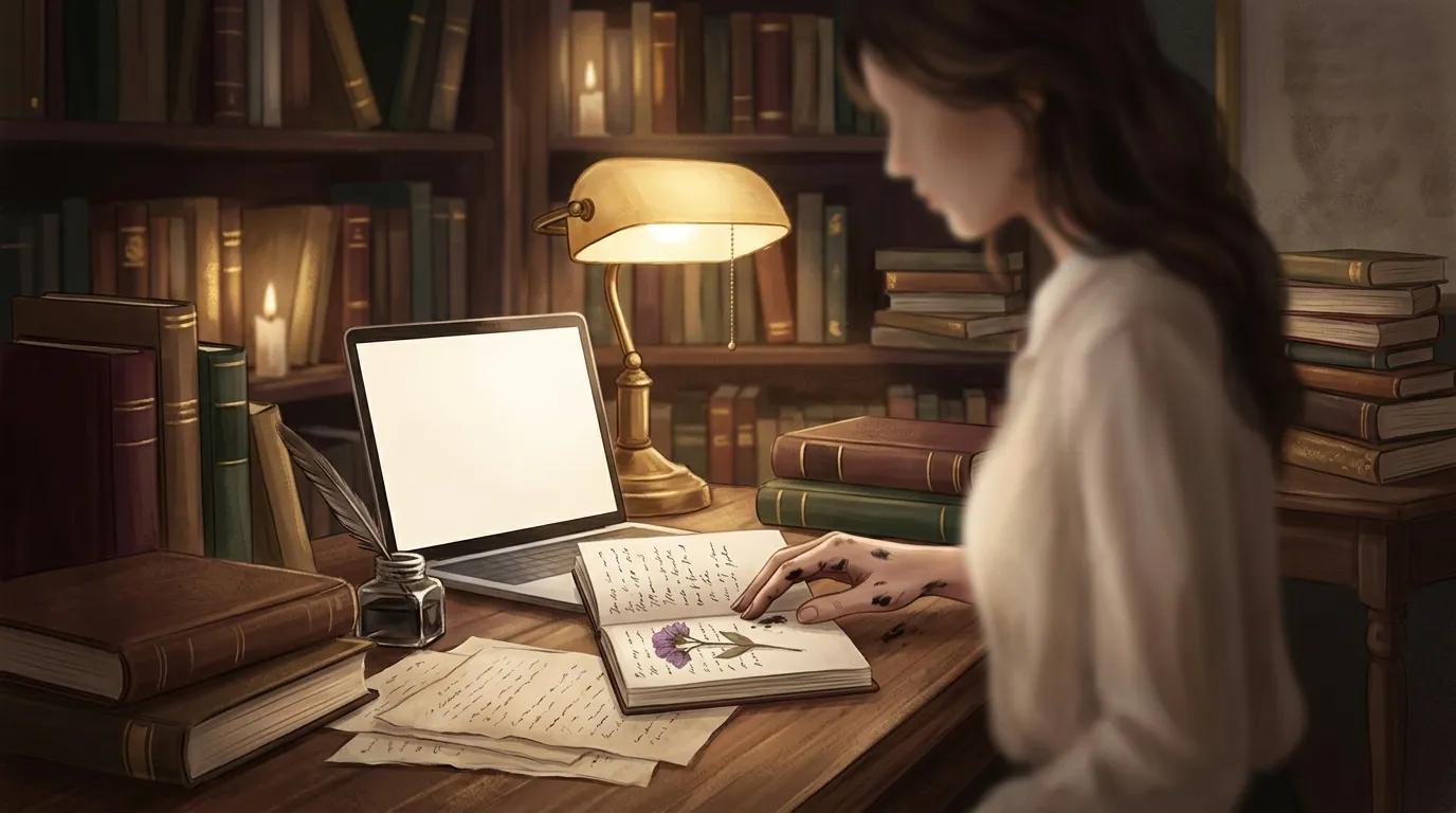 Femme écrivant à son bureau entourée de livres et d'une lampe.