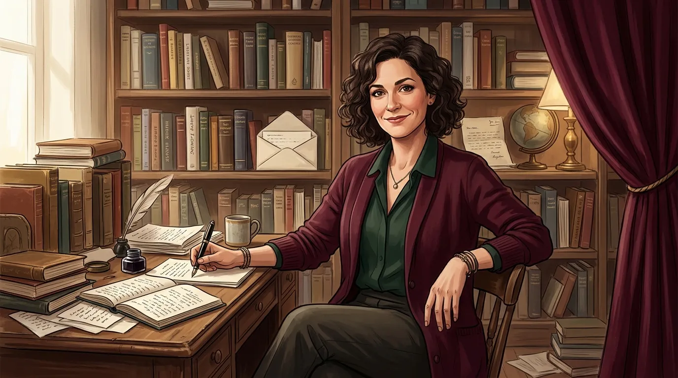 Femme écrivain travaillant à son bureau dans une bibliothèque