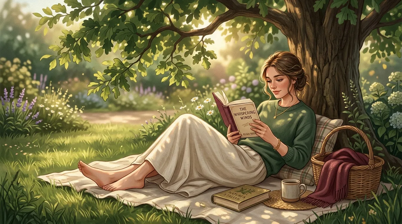 Femme lisant un livre sous un arbre dans un jardin fleuri