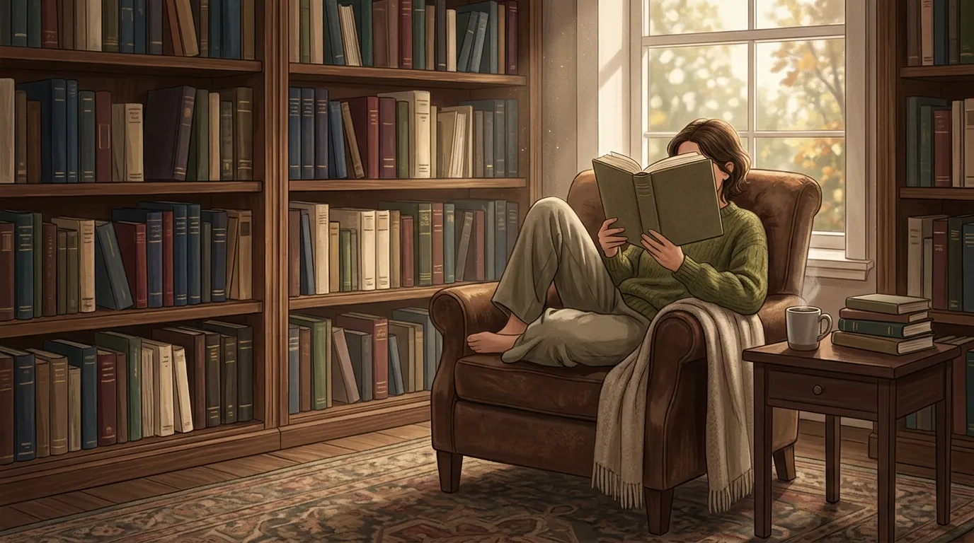 Femme lisant dans un fauteuil, entour&eacute;e de livres et de bookshelves
