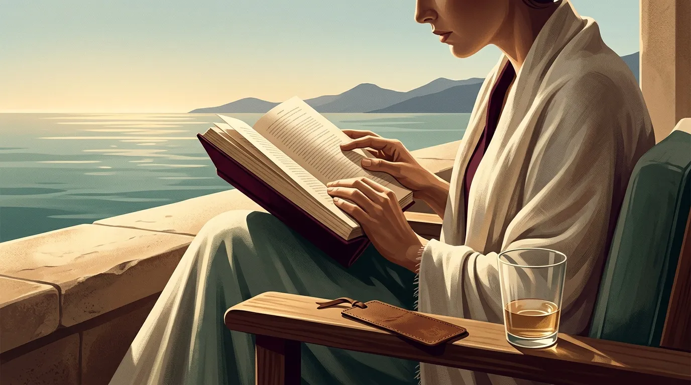 Femme lisant un livre face &agrave; la mer m&eacute;diterran&eacute;enne