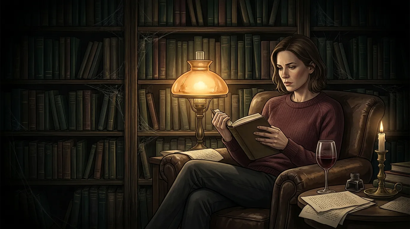 Femme lisant dans un fauteuil, biblioth&egrave;que &eacute;clair&eacute;e &agrave; la lampe