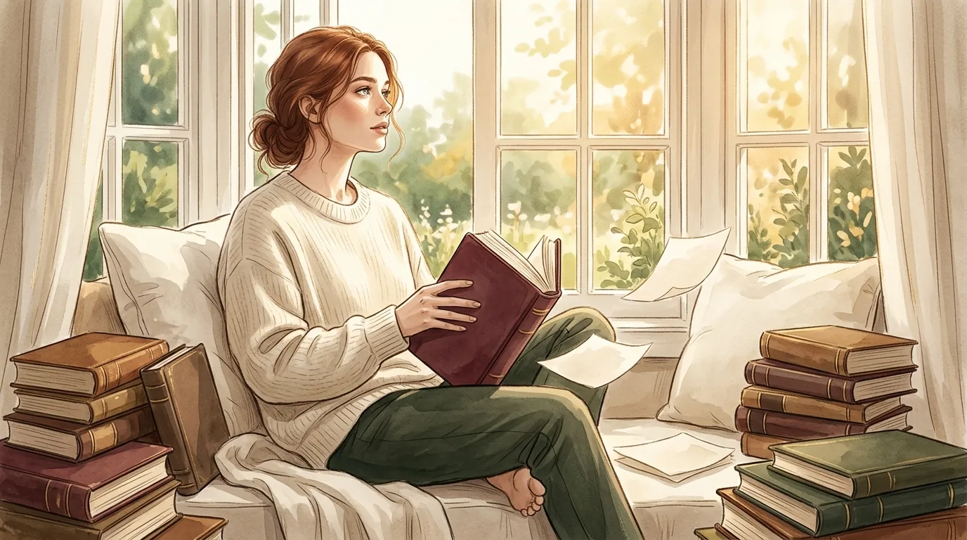 Femme lisant un livre pr&egrave;s d'une fen&ecirc;tre ensoleill&eacute;e