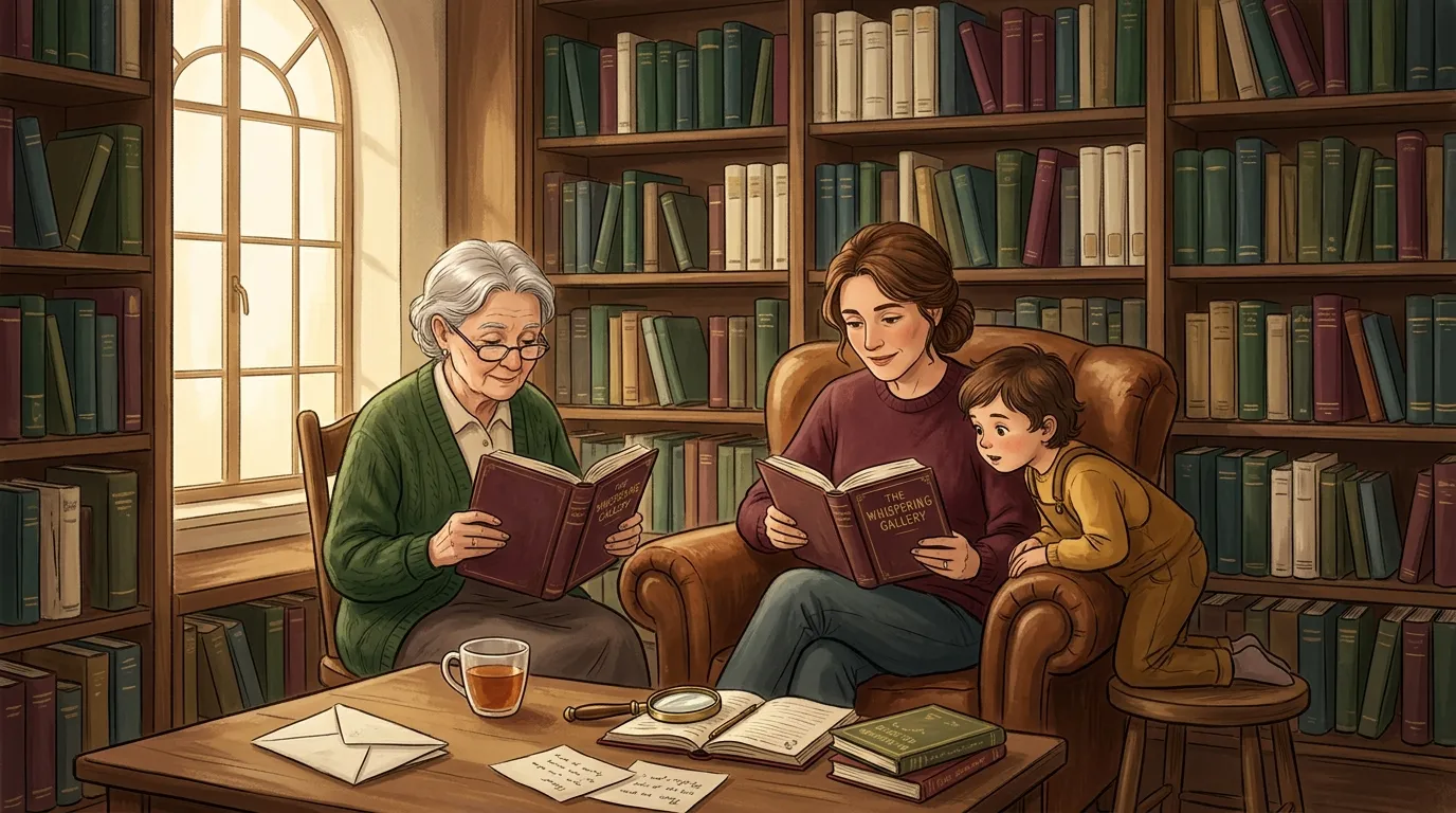 Trois g&eacute;n&eacute;rations lisent ensemble dans une biblioth&egrave;que chaleureuse.