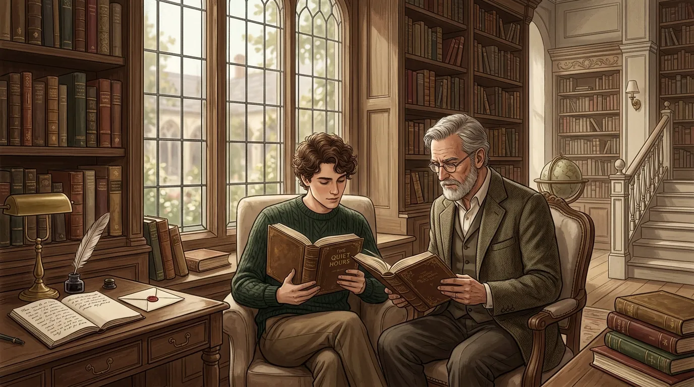 Un homme &acirc;g&eacute; et un jeune homme lisent ensemble dans une biblioth&egrave;que classique.