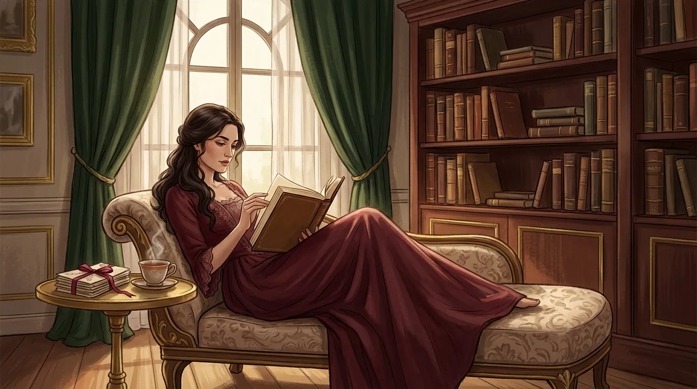 Femme en robe bordeaux lisant dans un fauteuil biblioth&egrave;que