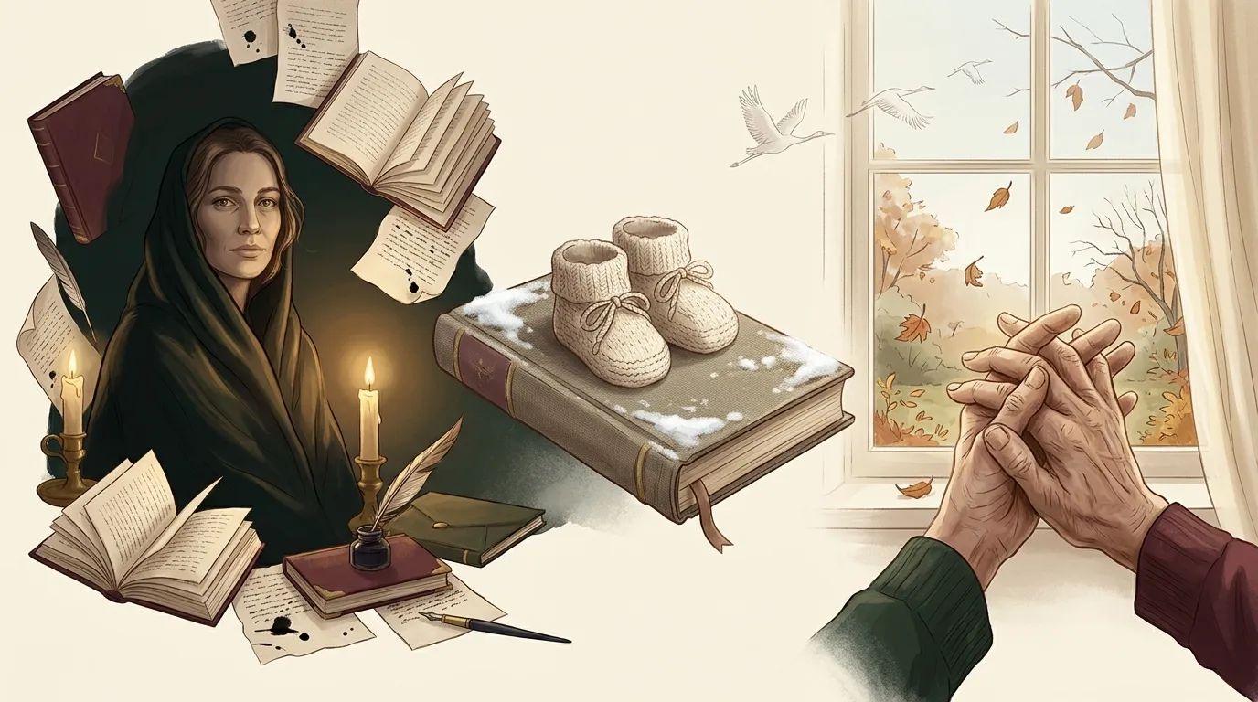Femme lisant entourée de livres et de chandelles en automne