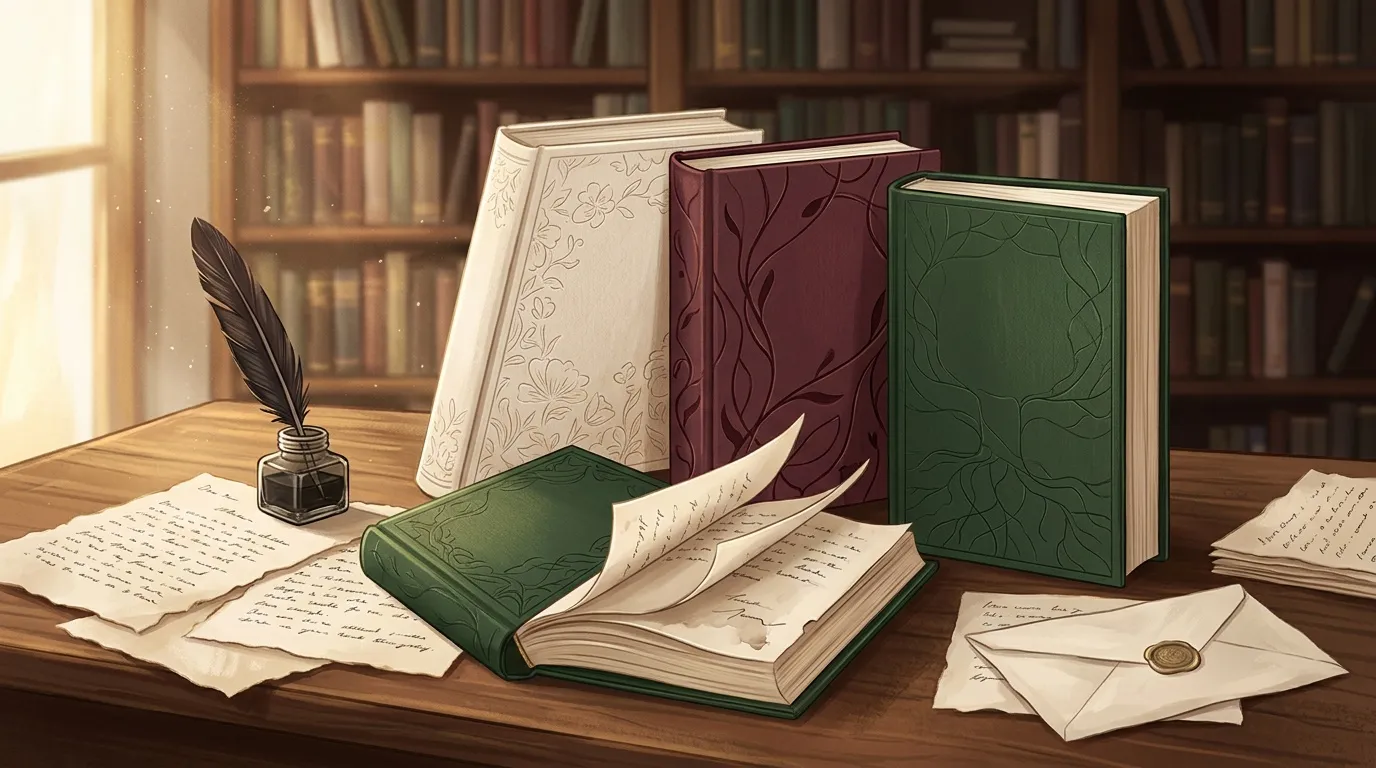 Livres colorés, plume, encrier et lettres manuscrites sur bureau
