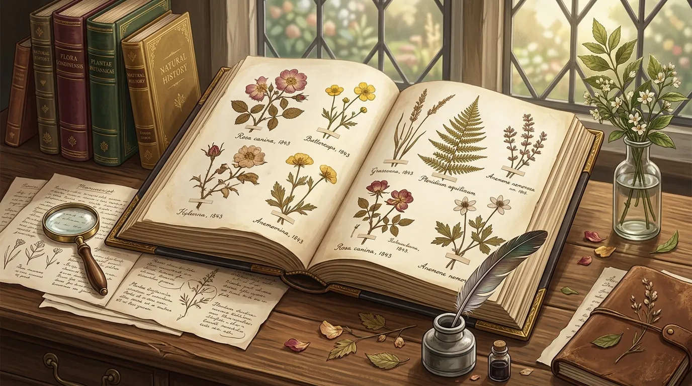 Herbier illustré ancien avec fleurs pressées et livres scientifiques