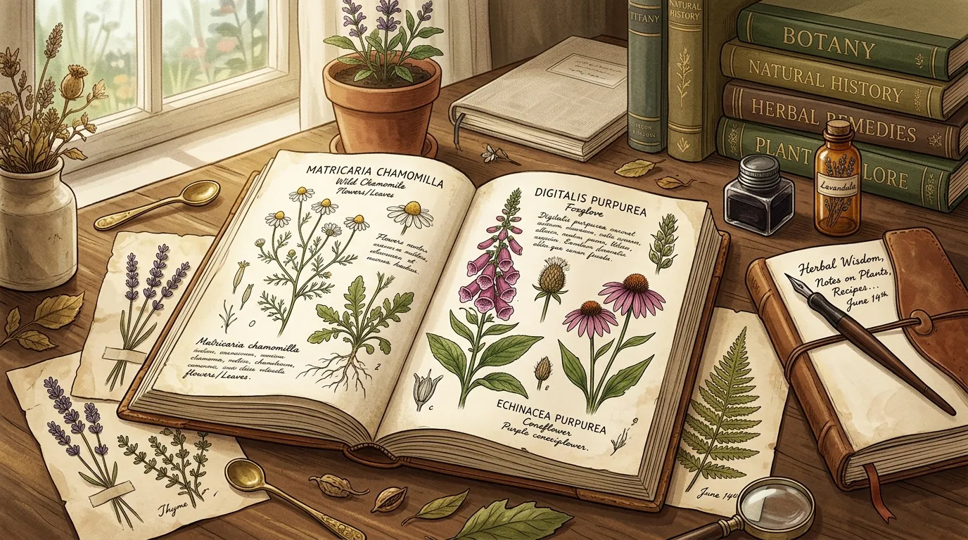Bureau d'herboriste avec livres botaniques et illustrations de plantes médicinales