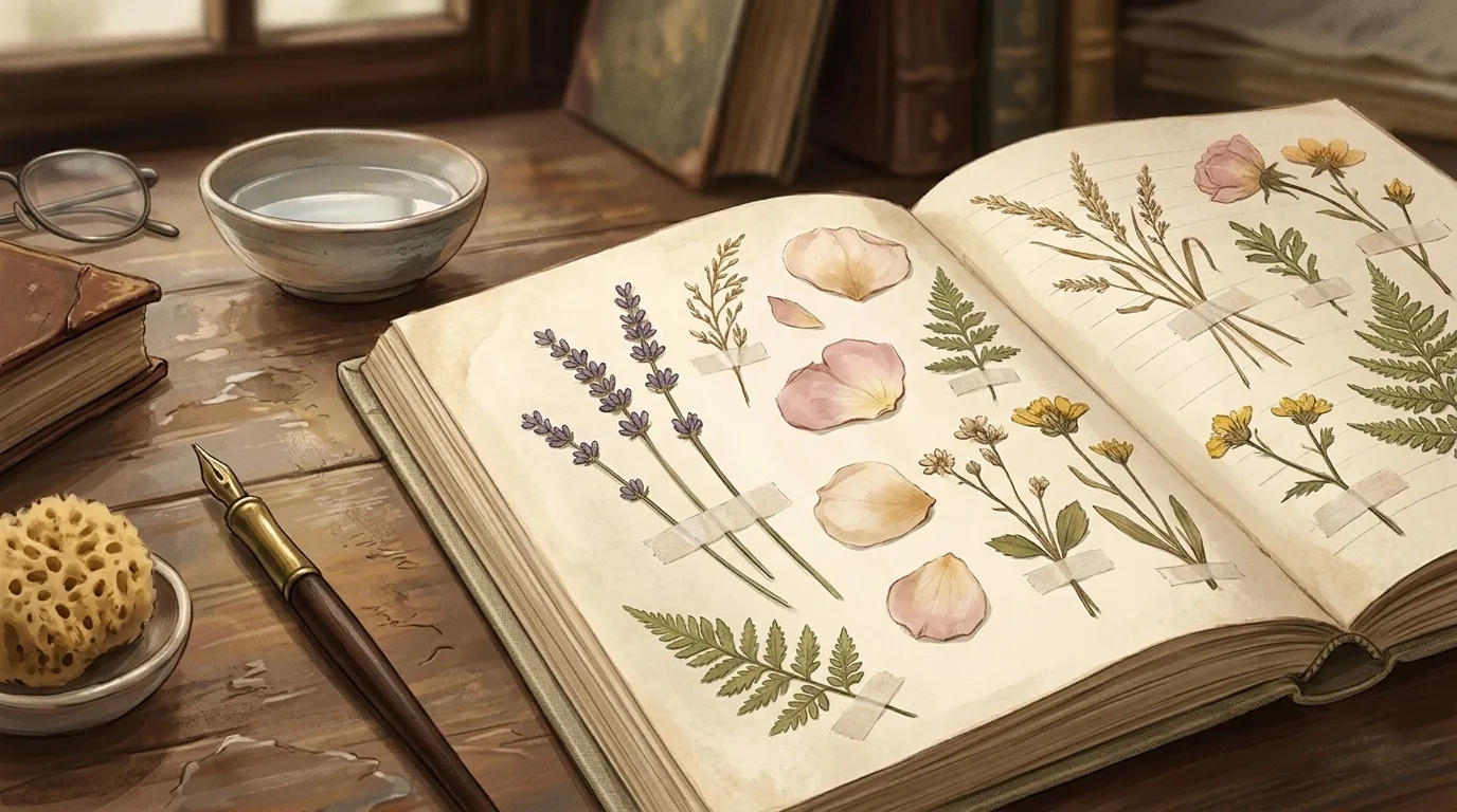 Livre ouvert avec fleurs et plantes séchées pressées illustrées