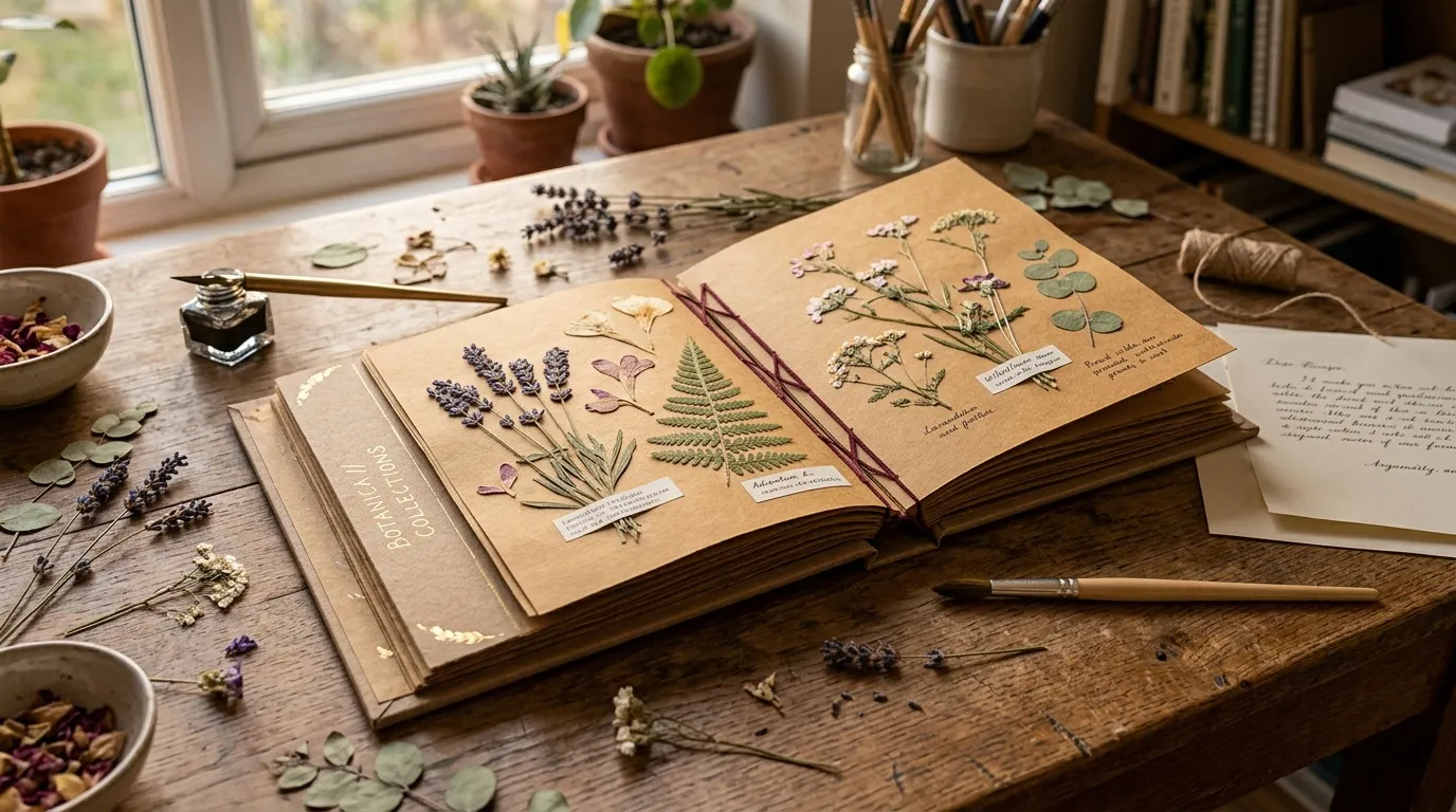 Livre ouvert avec fleurs pressées, plantes séchées et matériel artistique