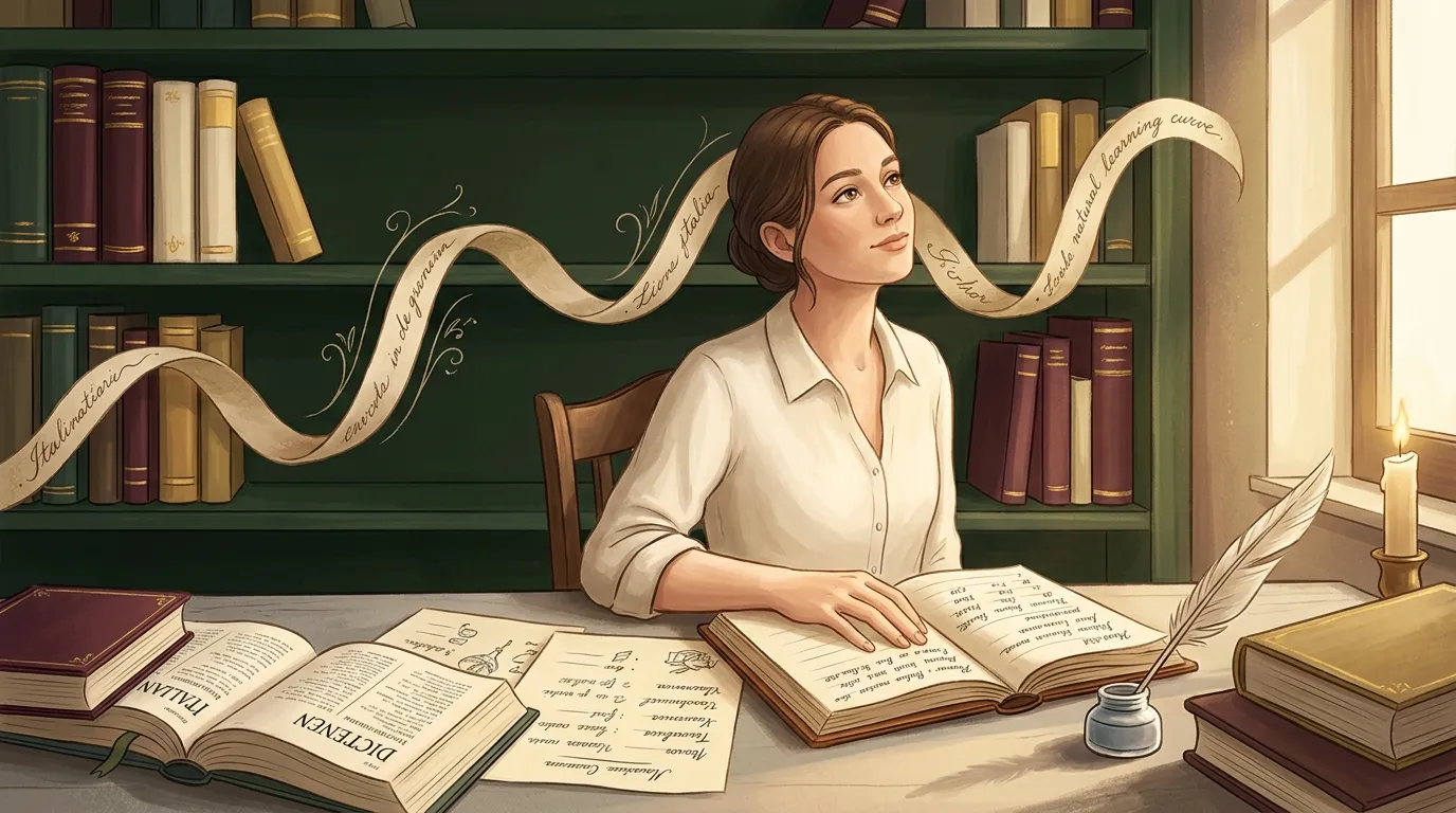 Femme écrivant à son bureau entourée de livres et bougies