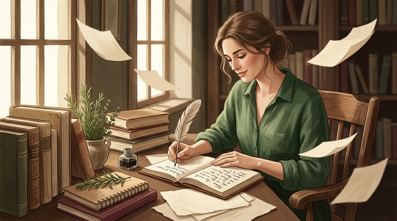 Femme écrivant dans un journal dans une bibliothèque lumineuse