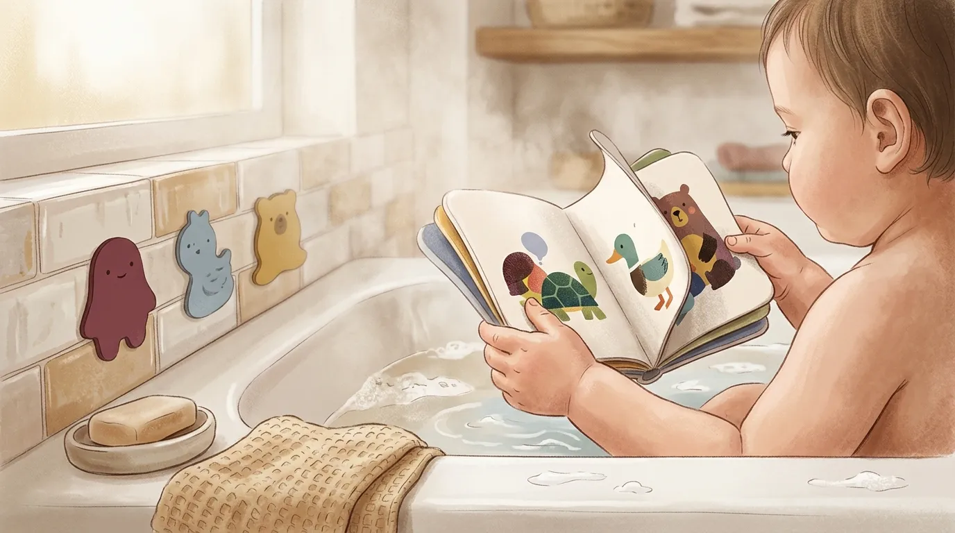 B&eacute;b&eacute; lisant un livre illustr&eacute; dans une baignoire