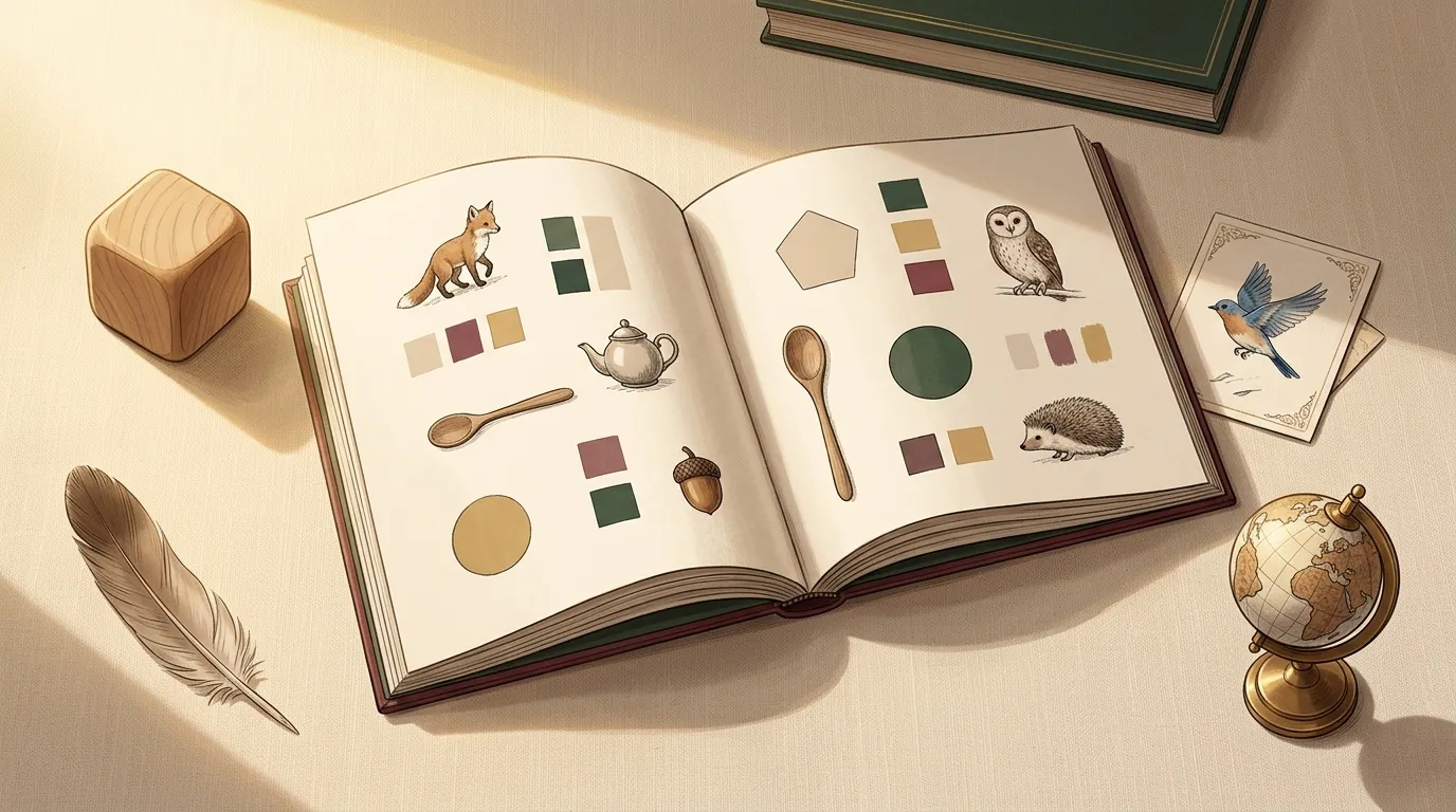 Livre ouvert avec illustrations d'animaux et palettes de couleurs
