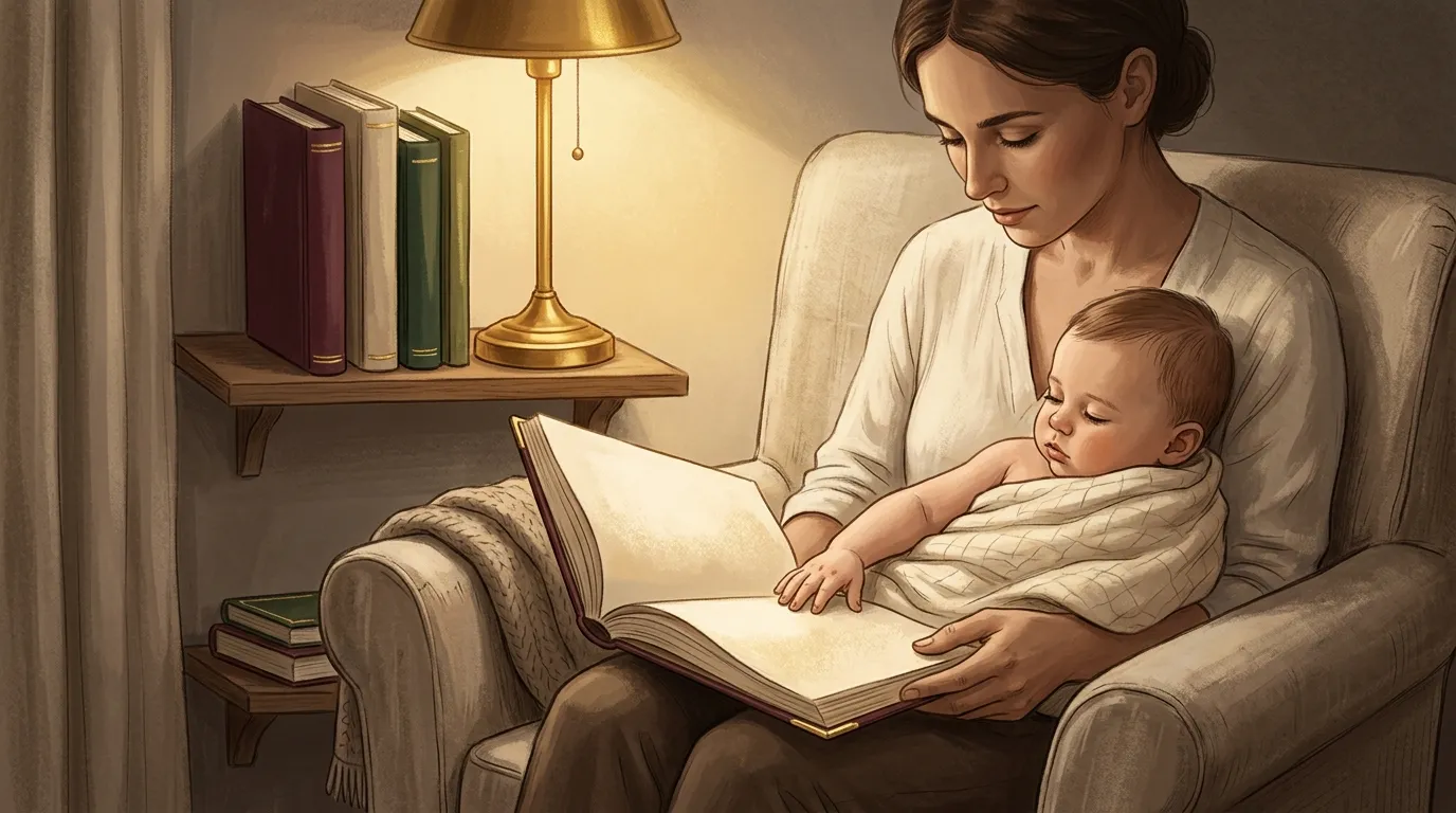 Une m&egrave;re lit un livre avec son b&eacute;b&eacute; dans un fauteuil confortable