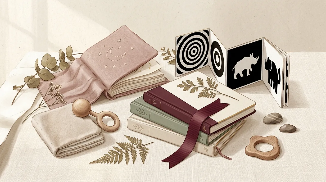 Livres, hochets bois et d&eacute;coration botanique sur table blanche