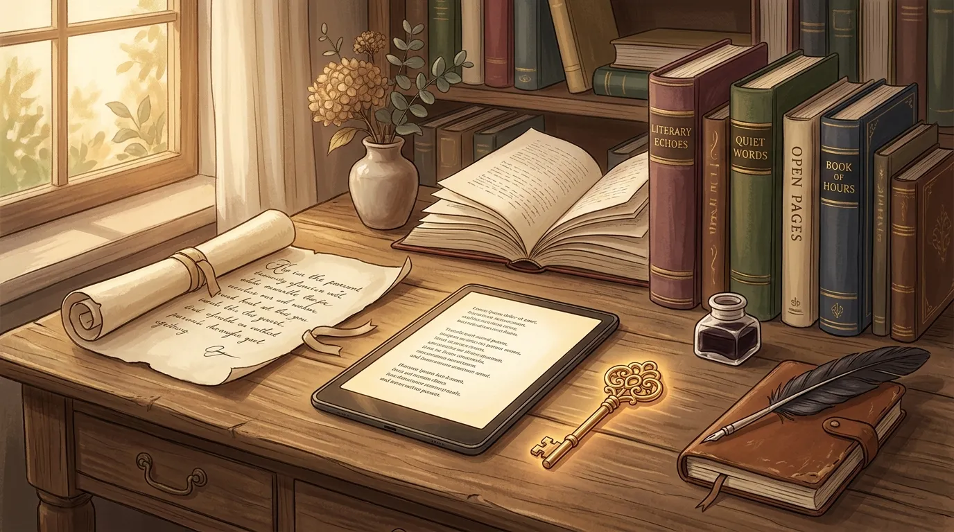 Bureau d'&eacute;crivain avec livres, manuscrits et plume