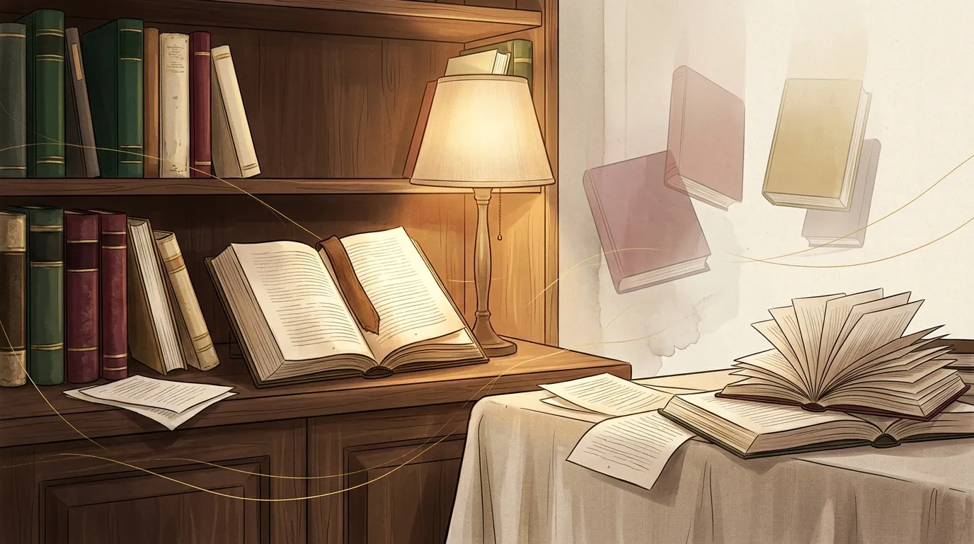 Bureau avec livres, lampe et &eacute;tag&egrave;re en bois.