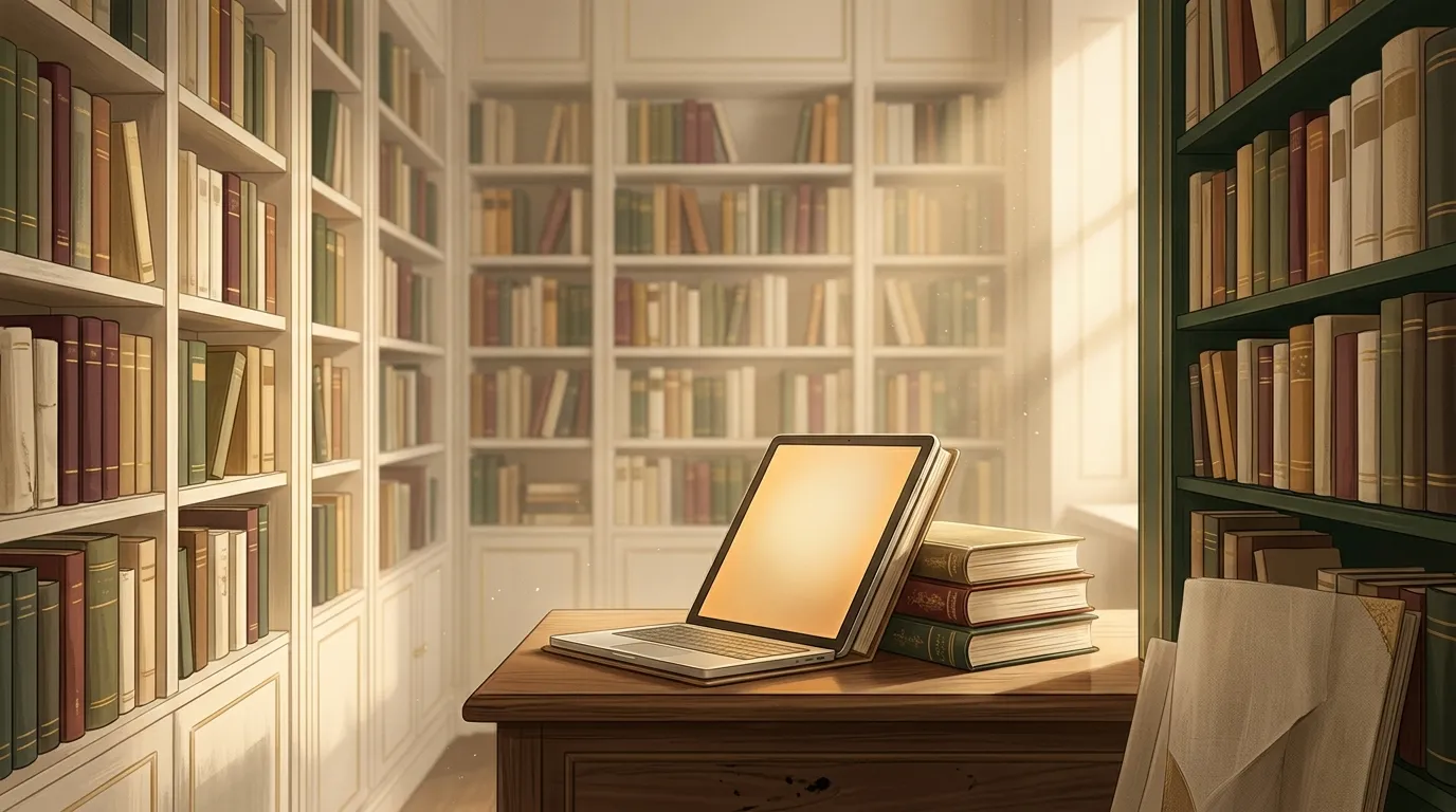 Tablette num&eacute;rique entour&eacute;e de livres dans une biblioth&egrave;que