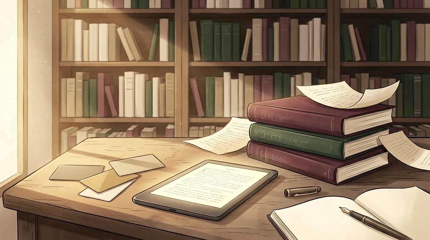 Bureau avec livres, tablette, notes et biblioth&egrave;que en arri&egrave;re-plan