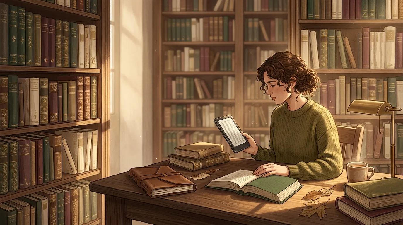 Femme lisant sur tablette dans une biblioth&egrave;que avec des livres
