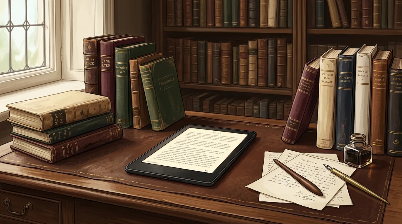 Bureau de travail avec livres anciens et tablette num&eacute;rique