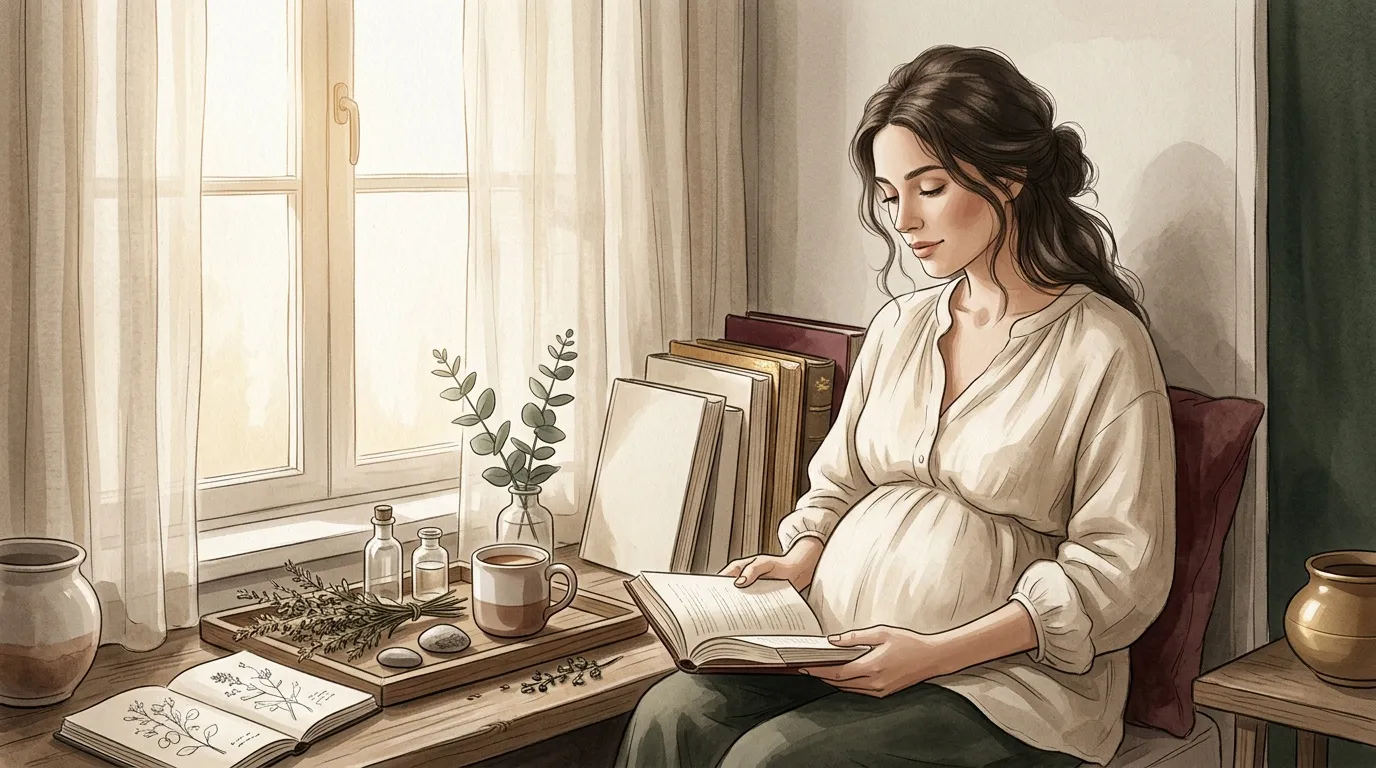 Femme enceinte lisant un livre assis à son bureau
