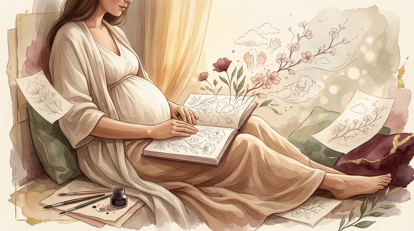 Femme enceinte dessinant des fleurs dans un carnet