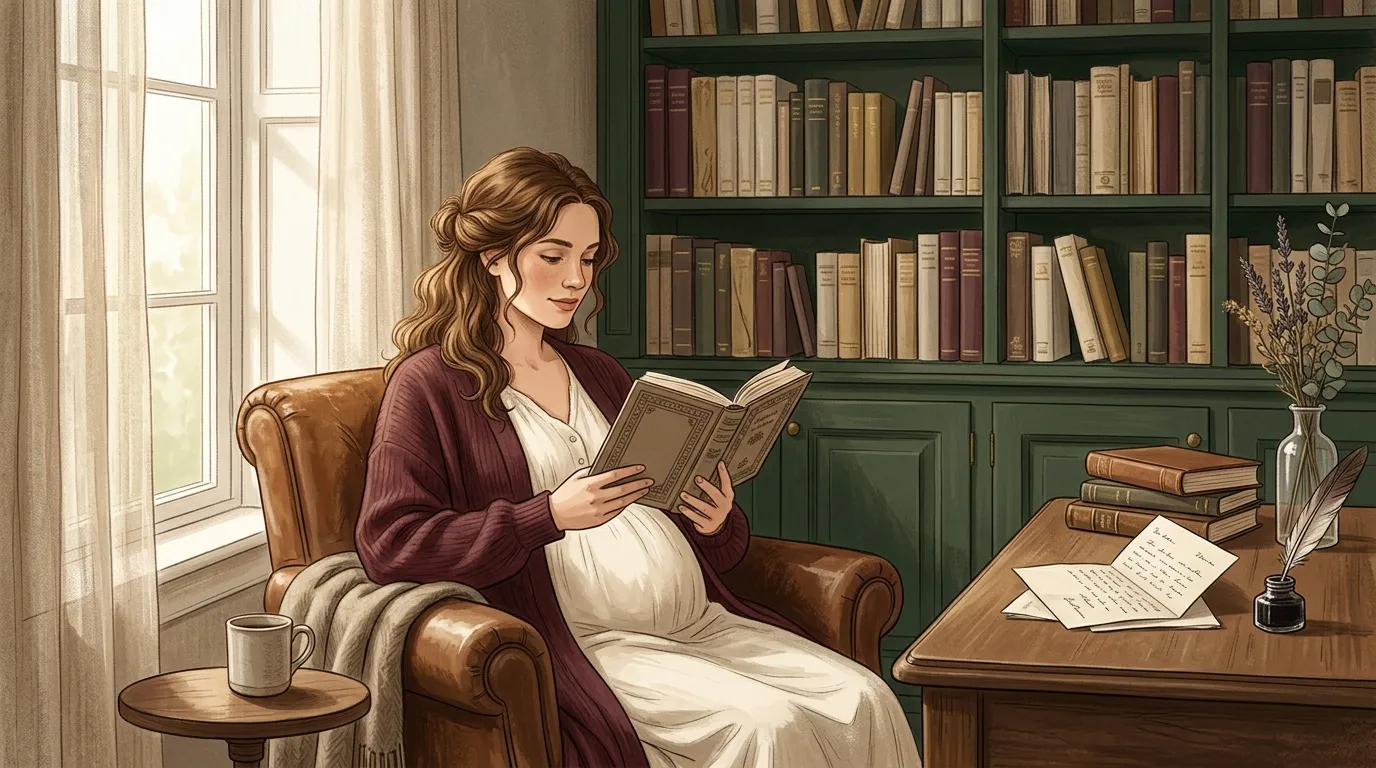 Femme enceinte lisant un livre dans une bibliothèque confortable