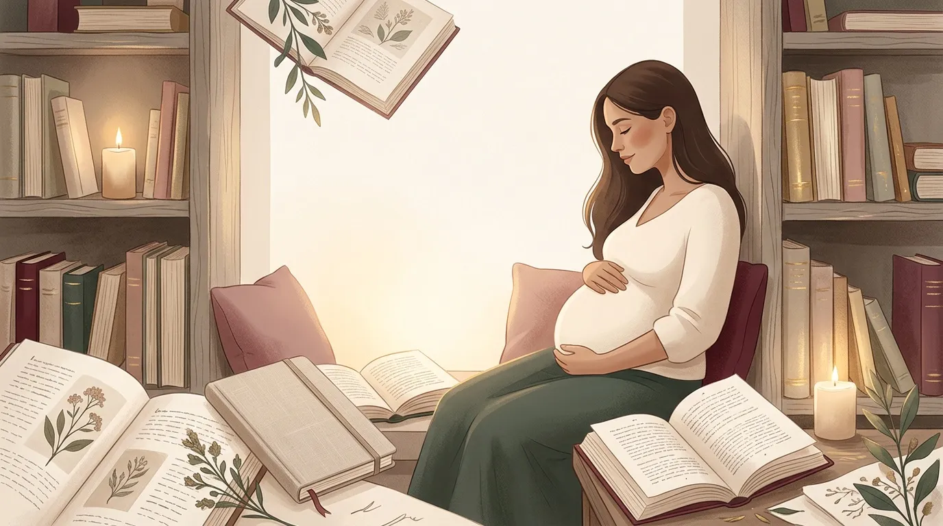 Femme enceinte lisant entourée de livres et de bougies