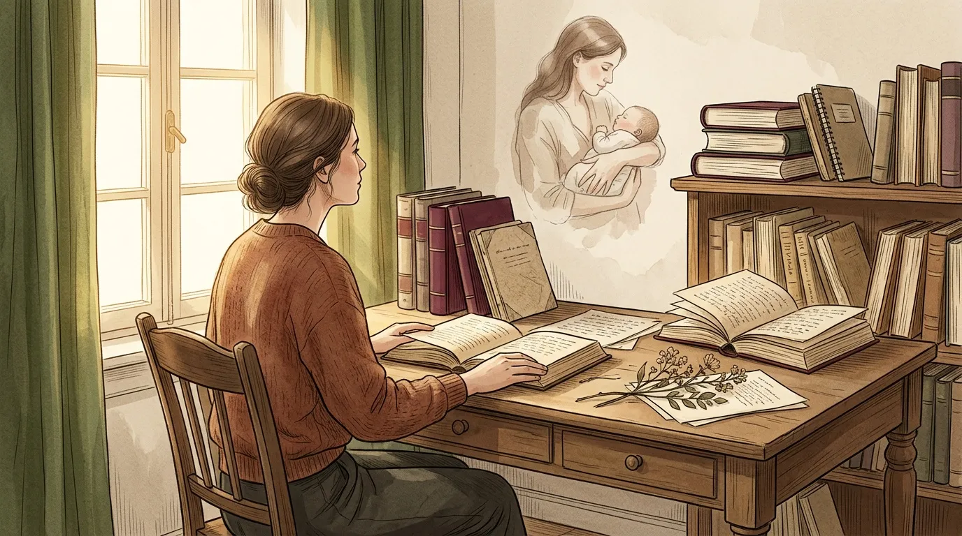 Femme étudiant entourée de livres, rêvant de maternité