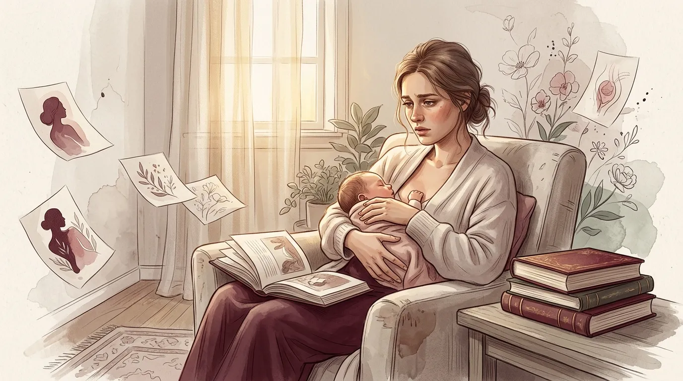 Femme allaitant son bébé, lisant dans un fauteuil confortable