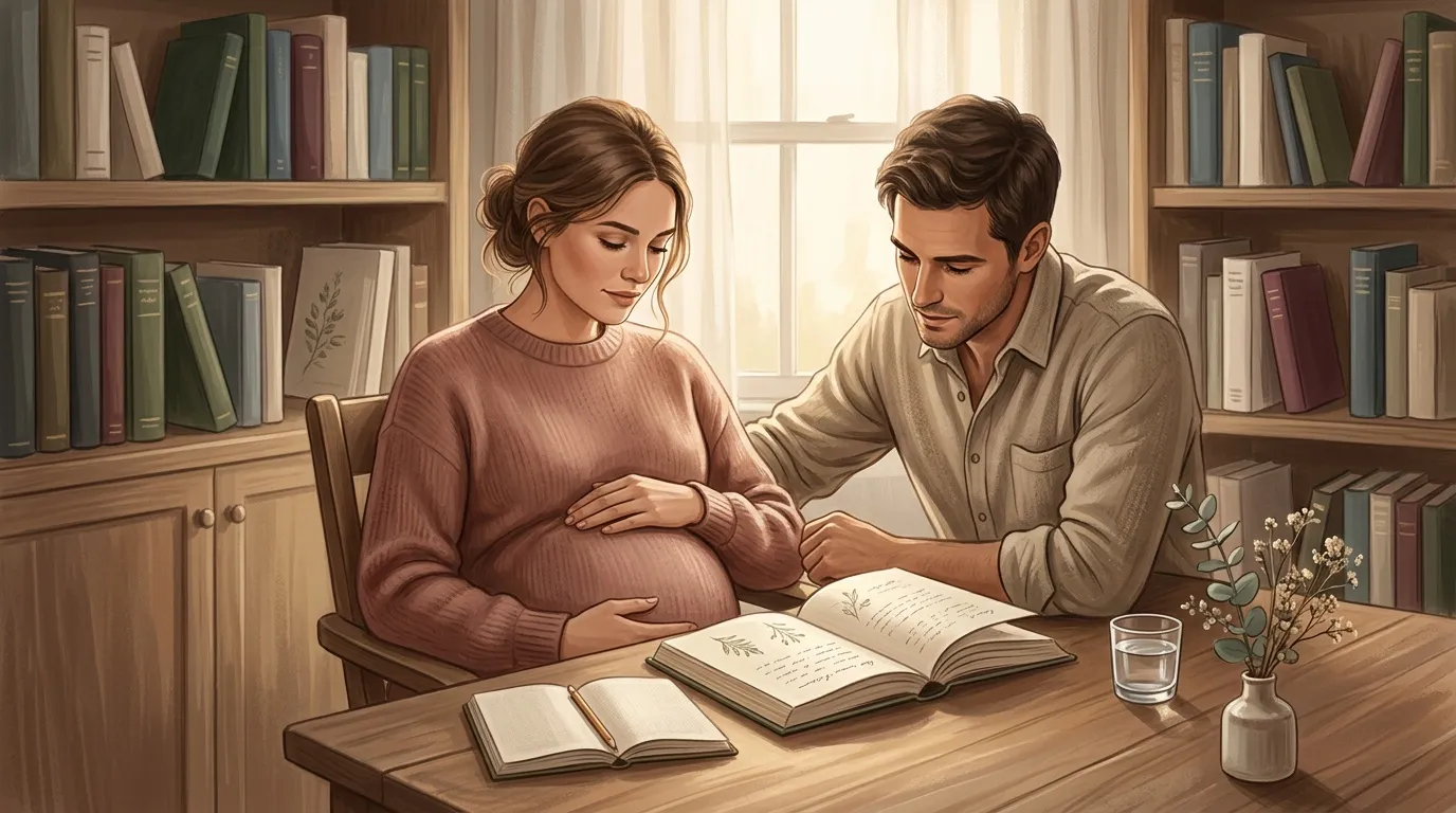 Couple enceinte lisant ensemble dans une bibliothèque
