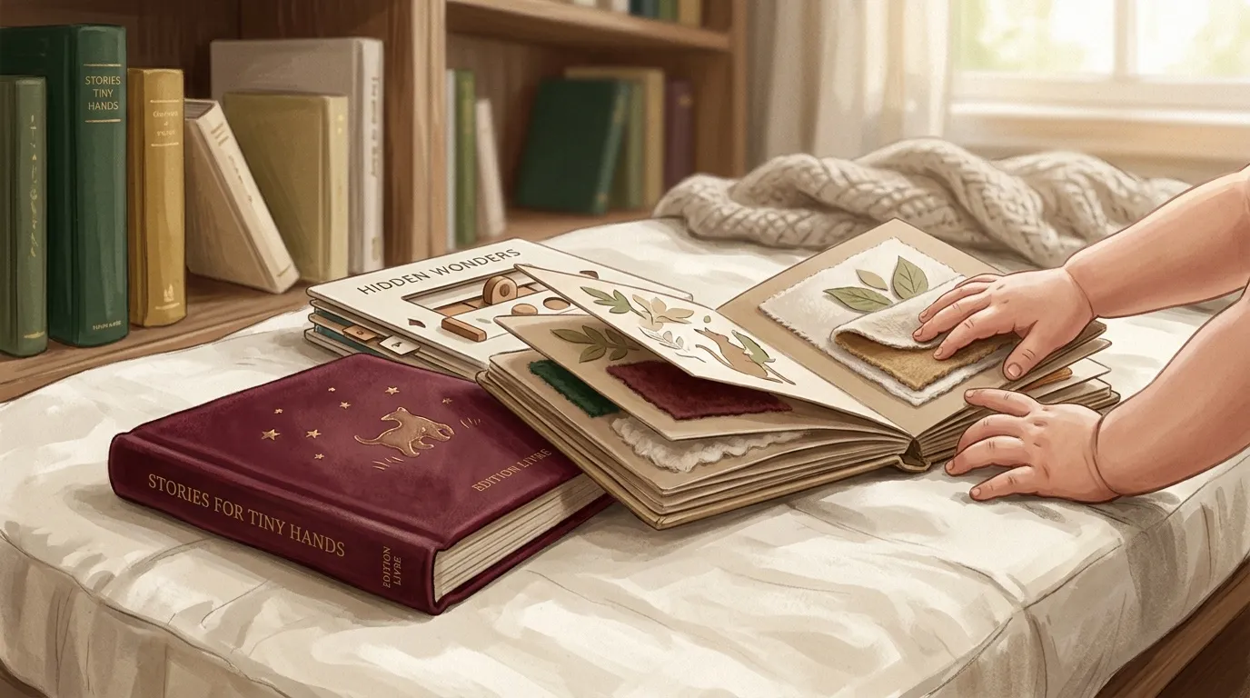 Petites mains explorant des livres ouverts sur un lit.