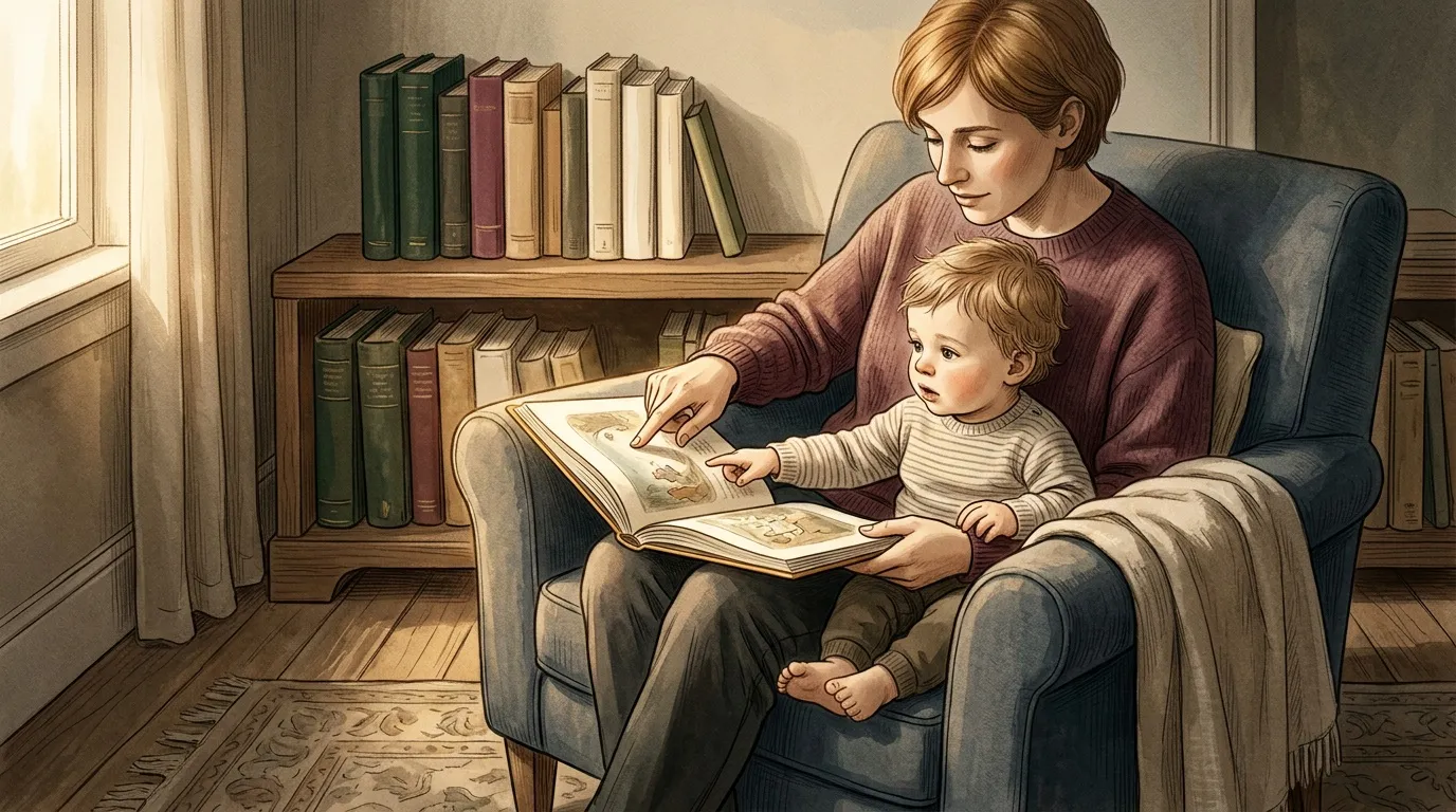 Une m&egrave;re lit un livre illustr&eacute; avec son jeune enfant assis