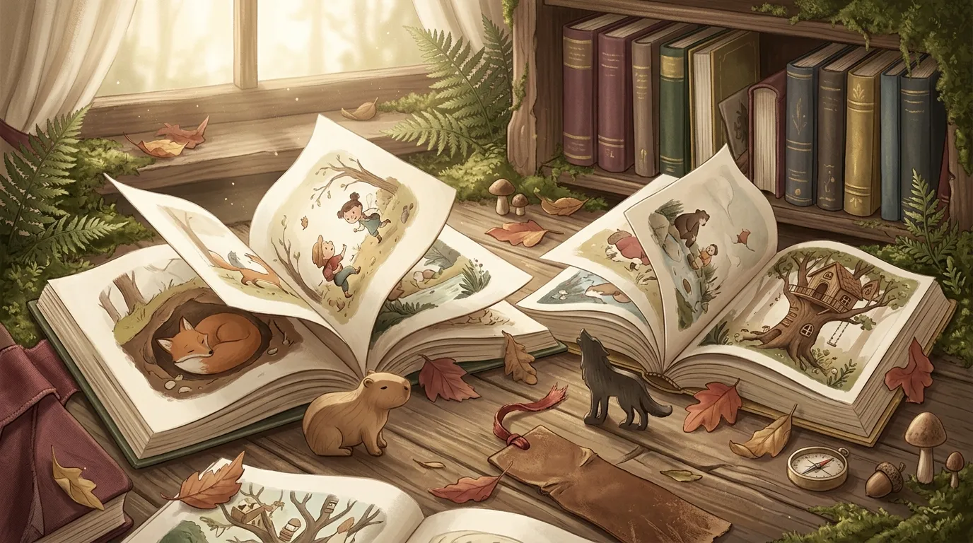 Livres ouverts avec illustrations fantastiques et animaux en forêt
